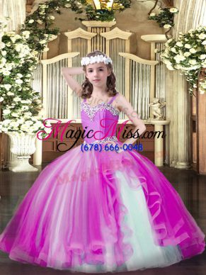 Floor Length Lace Up Pageant Dress for Teens Fuchsia for Party and Quinceanera with Beading