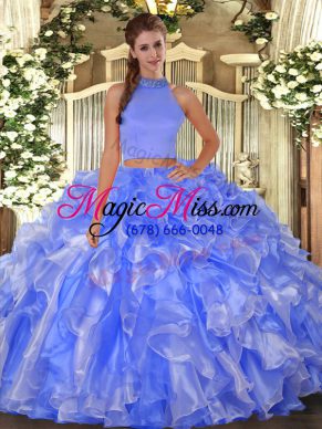 Romantic Blue Sweet 16 Quinceanera Dress Military Ball and Sweet 16 and Quinceanera with Beading and Ruffles Halter Top Sleeveless Backless