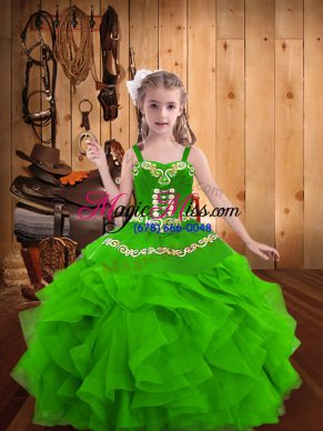 Green Sleeveless Embroidery and Ruffles Floor Length Pageant Dress for Teens