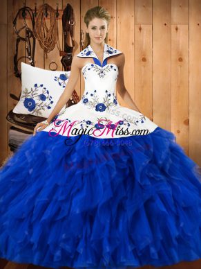 Decent Blue And White Ball Gowns Embroidery and Ruffles Quince Ball Gowns Lace Up Satin and Organza Sleeveless Floor Length