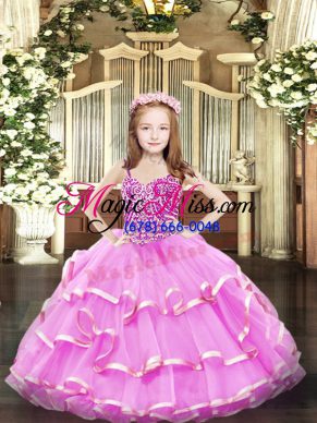 Lilac Sleeveless Organza Lace Up Kids Pageant Dress for Party and Quinceanera