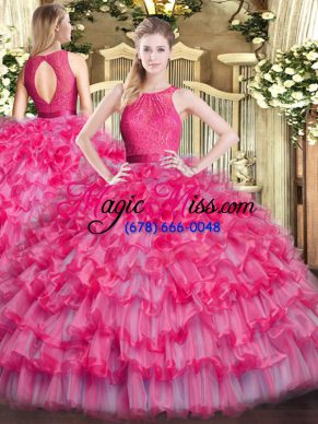 Beauteous Organza Scoop Sleeveless Zipper Lace and Ruffled Layers Quince Ball Gowns in Hot Pink