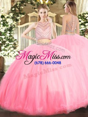 Glorious Baby Pink Two Pieces Tulle Scoop Sleeveless Beading Floor Length Zipper Sweet 16 Dress