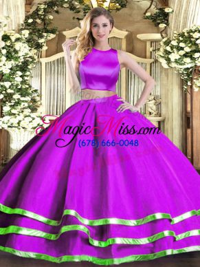 Stylish Tulle High-neck Sleeveless Criss Cross Ruching Quinceanera Gown in Purple
