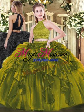 Suitable Olive Green Sleeveless Beading and Ruffles Floor Length Sweet 16 Dresses