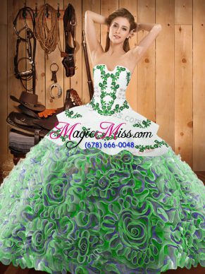 Trendy Sleeveless Sweep Train Lace Up With Train Embroidery Quince Ball Gowns