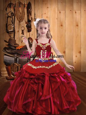 Fantastic Red Straps Neckline Embroidery and Ruffles Little Girls Pageant Dress Sleeveless Lace Up