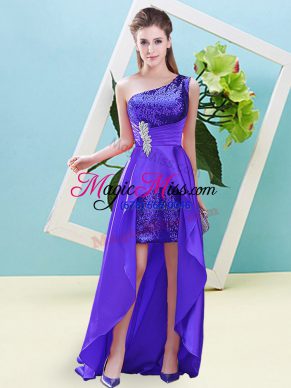 Purple A-line One Shoulder Sleeveless Elastic Woven Satin and Sequined High Low Lace Up Beading Prom Party Dress