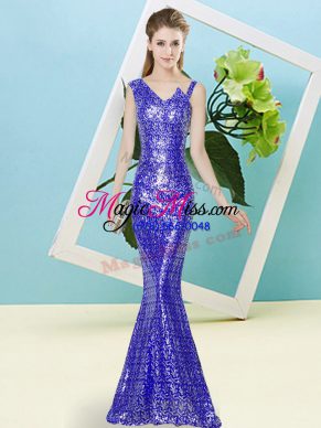 Simple Asymmetric Sleeveless Zipper Evening Dress Royal Blue Sequined