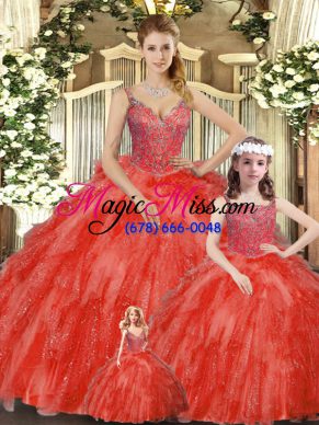 Red Straps Neckline Beading and Ruffles Sweet 16 Dresses Sleeveless Lace Up