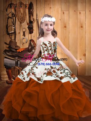Beauteous Rust Red Kids Formal Wear Sweet 16 and Quinceanera with Embroidery and Ruffles Straps Sleeveless Lace Up