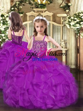 High Quality Fuchsia Sleeveless Organza Lace Up Girls Pageant Dresses for Party and Quinceanera