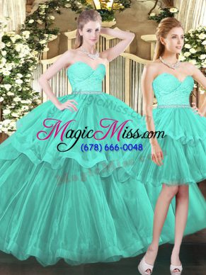 Stylish Aqua Blue Ball Gowns Ruffled Layers 15th Birthday Dress Lace Up Tulle Sleeveless Floor Length