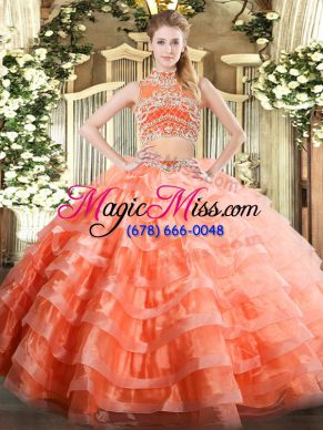 Charming Orange Red Tulle Backless Quince Ball Gowns Sleeveless Floor Length Beading and Ruffled Layers