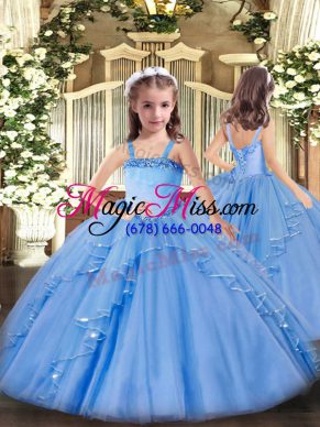 Customized Baby Blue Ball Gowns Organza Straps Sleeveless Appliques and Ruffles Floor Length Lace Up Pageant Dress for Girls