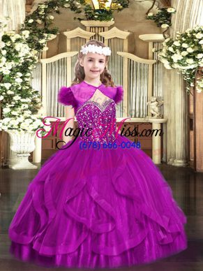 Adorable Fuchsia Tulle Lace Up Straps Sleeveless Floor Length Pageant Gowns Beading and Ruffles