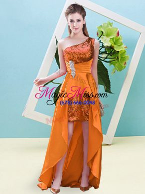 Free and Easy Orange One Shoulder Neckline Beading and Sequins Evening Dress Sleeveless Lace Up