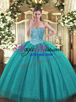 Beading 15 Quinceanera Dress Turquoise Lace Up Sleeveless Floor Length