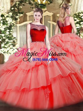 Watermelon Red Zipper Scoop Beading and Appliques Sweet 16 Dress Organza Sleeveless