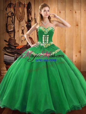 Amazing Floor Length Green Quinceanera Gown Satin and Tulle Sleeveless Embroidery