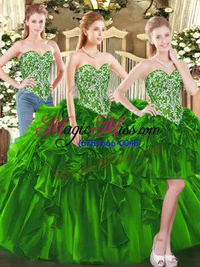 Superior Sleeveless Floor Length Beading and Ruffles Lace Up Sweet 16 Dress with Dark Green