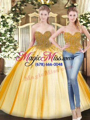 Gold Sleeveless Tulle Lace Up Sweet 16 Dresses for Military Ball and Sweet 16 and Quinceanera