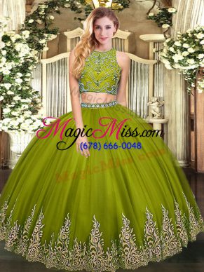 Floor Length Zipper Sweet 16 Dresses Olive Green for Military Ball and Sweet 16 and Quinceanera with Beading and Appliques