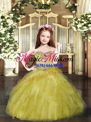Simple Spaghetti Straps Sleeveless Kids Pageant Dress Floor Length Beading and Ruffles Olive Green Tulle