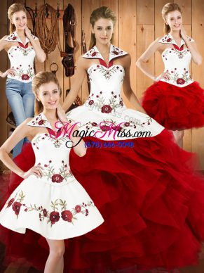 Wine Red Lace Up Halter Top Embroidery and Ruffles 15 Quinceanera Dress Satin and Organza Sleeveless