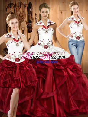 Delicate Wine Red Organza Lace Up 15 Quinceanera Dress Sleeveless Floor Length Embroidery and Ruffles