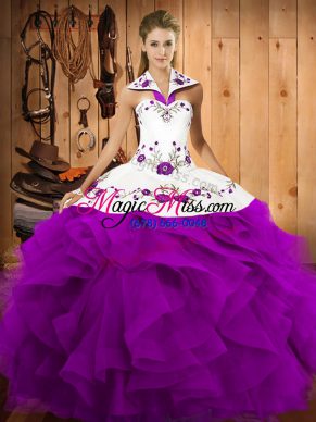 Affordable Purple Halter Top Lace Up Embroidery and Ruffles Quinceanera Gowns Sleeveless