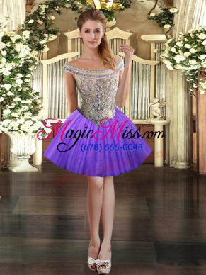 Pretty Sleeveless Mini Length Beading Lace Up Homecoming Dress with Lavender