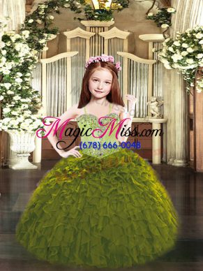 Most Popular Olive Green Lace Up Little Girl Pageant Dress Beading and Ruffles Sleeveless Floor Length