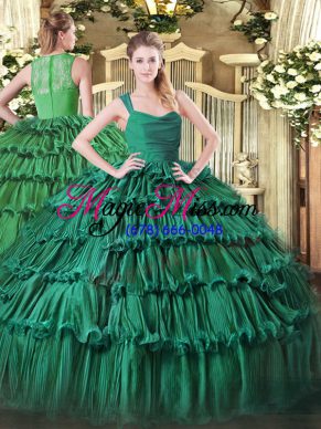 Fashion Green Sleeveless Floor Length Ruffled Layers Zipper Sweet 16 Quinceanera Dress