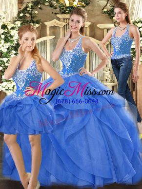 Blue Ball Gowns Beading and Ruffles Quince Ball Gowns Lace Up Tulle Sleeveless Floor Length