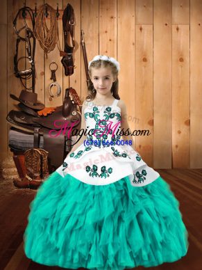 Aqua Blue Sleeveless Floor Length Embroidery and Ruffles Lace Up Pageant Dress