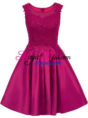 Fuchsia A-line Satin Scoop Sleeveless Lace Mini Length Zipper Bridesmaids Dress