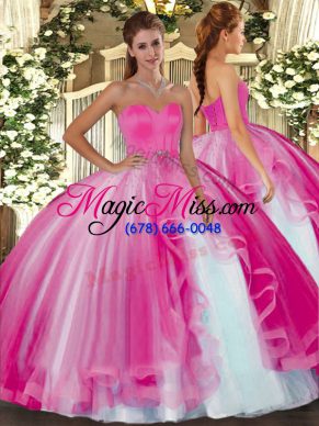 Exceptional Hot Pink Lace Up Sweetheart Beading Quinceanera Dress Tulle Sleeveless