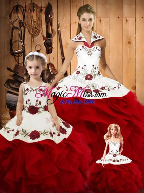 Sleeveless Floor Length Embroidery and Ruffles Lace Up 15 Quinceanera Dress with Wine Red