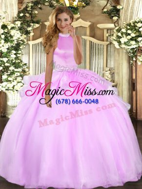 Lilac Backless Halter Top Beading and Ruffles Quinceanera Dresses Tulle Sleeveless