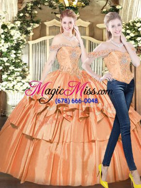 Fantastic Orange Red Organza Lace Up Off The Shoulder Sleeveless Floor Length Ball Gown Prom Dress Beading and Ruffled Layers