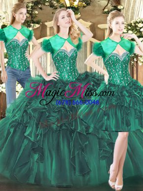 Sleeveless Tulle Floor Length Lace Up Sweet 16 Dresses in Dark Green with Beading and Ruffles