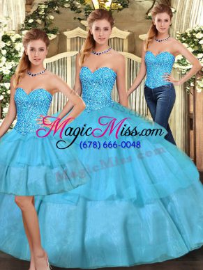 Glittering Organza Sweetheart Sleeveless Lace Up Beading and Ruffled Layers Quinceanera Dresses in Aqua Blue