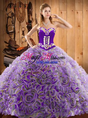 High End Sleeveless Satin and Fabric With Rolling Flowers With Train Sweep Train Lace Up Sweet 16 Dresses in Multi-color with Embroidery