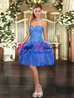 Sleeveless Tulle Mini Length Lace Up in Blue with Beading and Ruffles