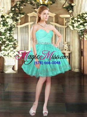 Glittering Aqua Blue Lace Up Prom Party Dress Beading and Lace Sleeveless Mini Length