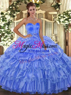 Latest Baby Blue Organza Lace Up Quinceanera Dresses Sleeveless Floor Length Beading and Ruffled Layers