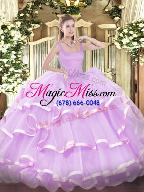 Lilac Ball Gowns Organza Straps Sleeveless Beading and Ruffled Layers Floor Length Zipper Sweet 16 Dress