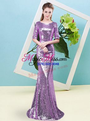 Artistic Lavender Half Sleeves Sequins Floor Length Dress for Prom