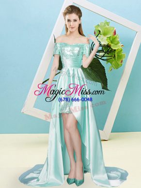 Sexy High Low Apple Green Prom Evening Gown Elastic Woven Satin and Sequined Short Sleeves Sequins
